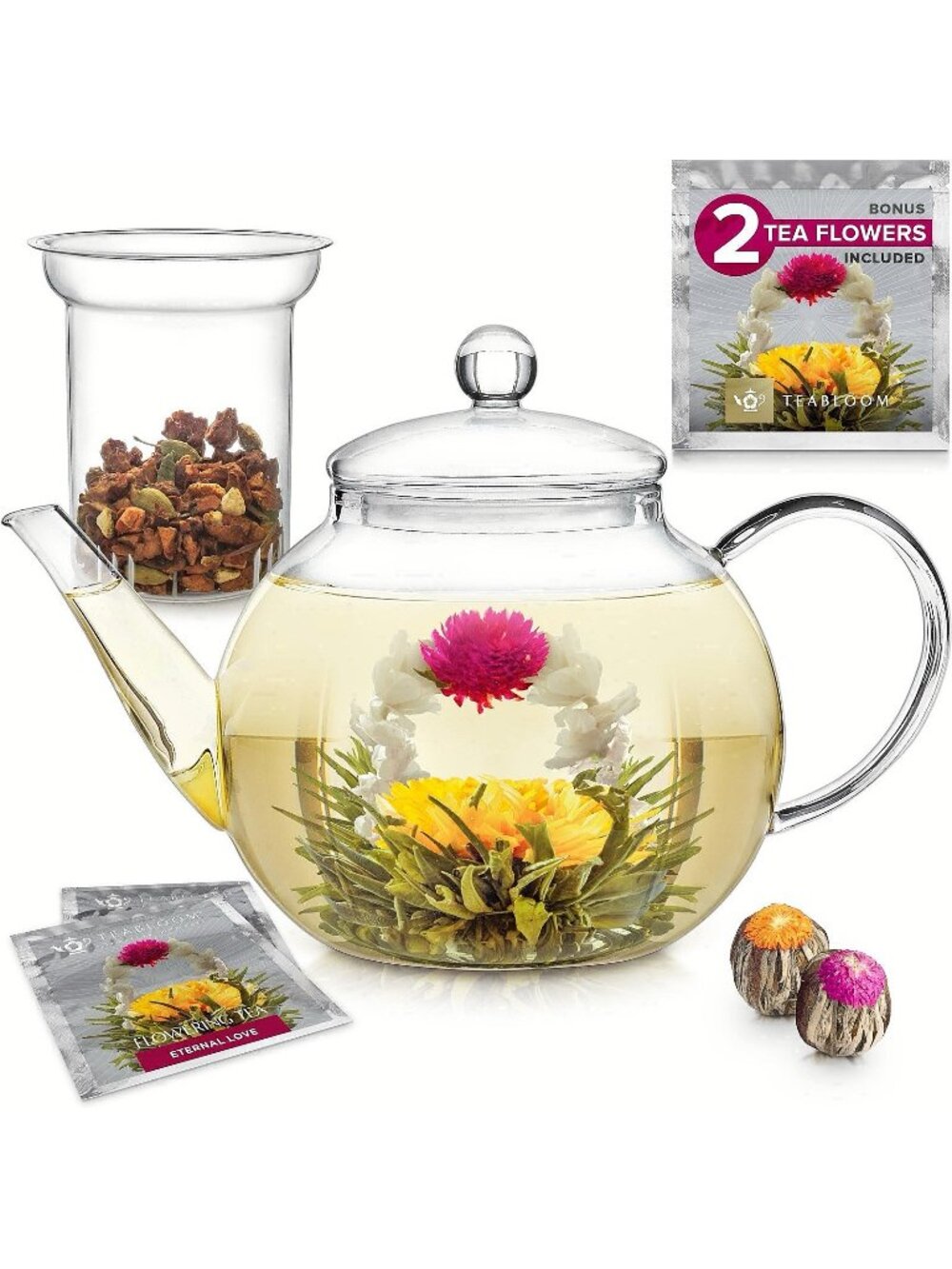 Celebration TEABLOOM Safe Glass Teapot Removable Infuser 2 Loose Blooming Teas